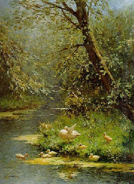A Duck And Ducklings On A Sunlit Riverbank Oil Painting by David Adolph Constant Artz