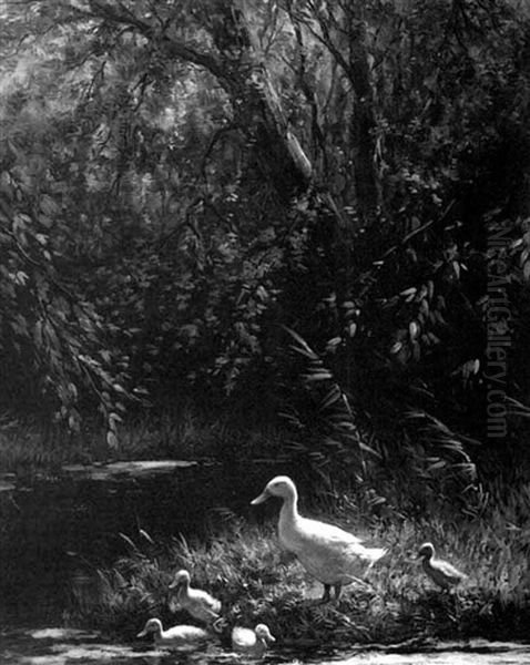 Ducks Along A Pond Oil Painting by David Adolph Constant Artz