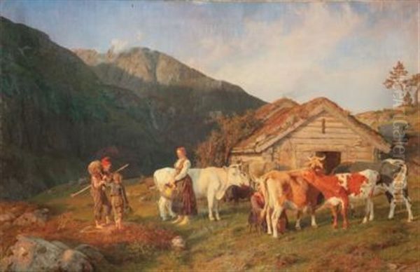 Troupeau Et Bergers En Alpage Oil Painting by Anders Monsen Askevold