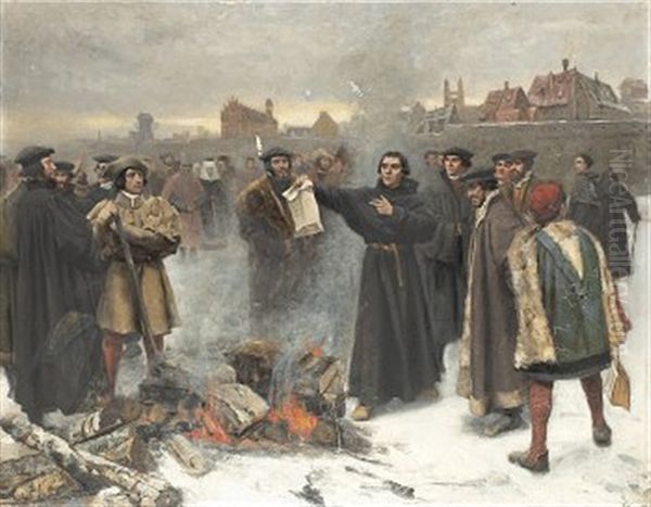 Luther Uppbranner Den Pafliga Bullan Pa Torget I Wittenberg Ar 1520 Oil Painting by Karl Aspelin