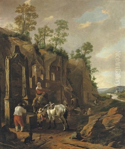 An Italianate Landscape With Peasants By A Well Near Ruins Oil Painting by Jan Asselijn