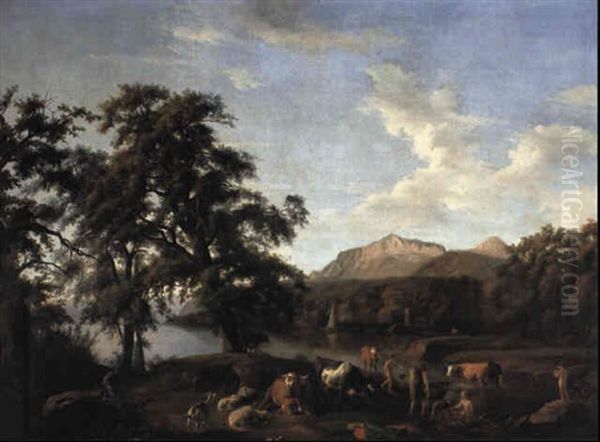 Italianate Landscape With Animals And Boys Bathing Oil Painting by Jan Asselijn