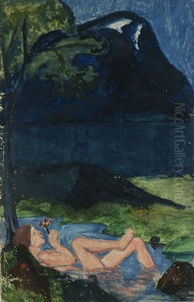 Kvinne I Fjellbekk Oil Painting by Nikolai Johannes Astrup