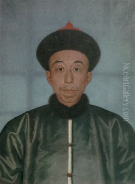 A Portrait Of A Chinese Gentleman Wearing A Fur Hat And A Blue-gray Silk Coat With A White Fur Trim And Fur Collar Oil Painting by Jean-Denis Attiret