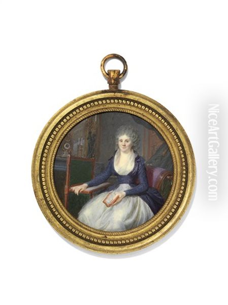 A Lady In White And Purple Dress, Seated In An Interior, Holding A Book Oil Painting by Jacques-Jean- Baptiste Augustin