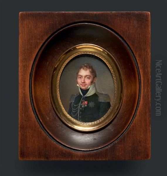 Portrait Du Duc De Berry En Buste Vers La Gauche, Presque De Face, En Uniforme De Colonel Du 16e Regiment De Chasseurs A Cheval Oil Painting by Jean Baptiste Jacques Augustin