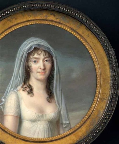 Jeune Femme Vetue De Blanc, D'une Tunique Plissee Et Decolletee, A Manches Brodees, Et D'un Voile Transparent. Fond De Ciel Nuage. Oil Painting by Jean Baptiste Jacques Augustin