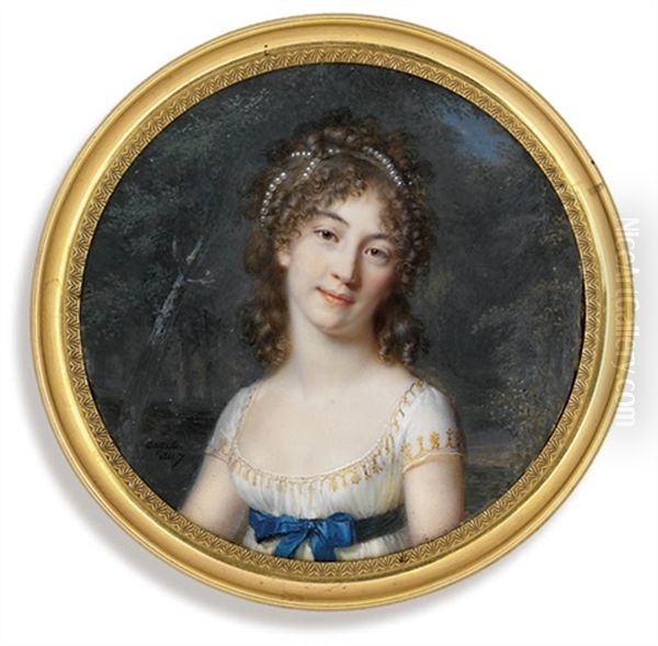 A Young Lady, In Gold-embroidered White Dress With Short Sleeves, A Blue Sash Tied In A Bow At Her Waist... Oil Painting by Jacques-Jean- Baptiste Augustin