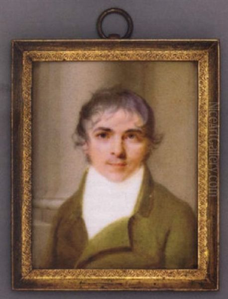 A Self Portrait Of The Artist In Moss-green Coat And White Shirt, Curling Forward-combed Black Hair Oil Painting by Jacques-Jean- Baptiste Augustin