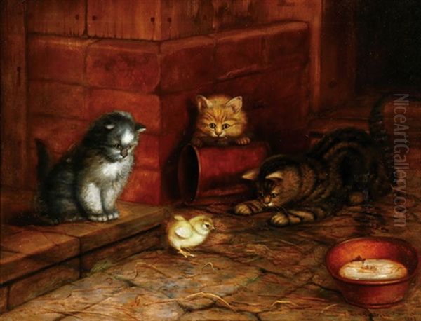 Just In Time For Dinner-three Cats And A Chick Oil Painting by Ben Austrian