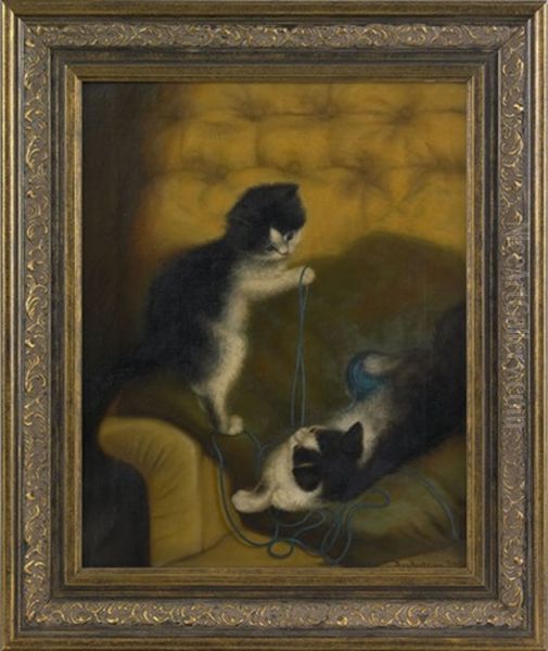 Two Kittens Playing With A Ball Of Yarn Oil Painting by Ben Austrian