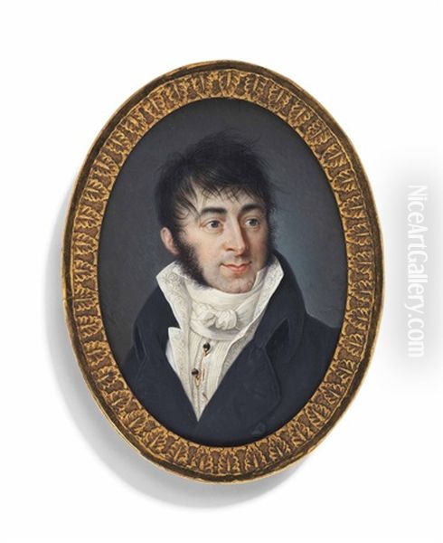 A Gentleman, In Black Coat, Embroidered White Waistcoat And Tied Cravat With Two Jewelled Stick Pins Oil Painting by Louis Marie Autissier