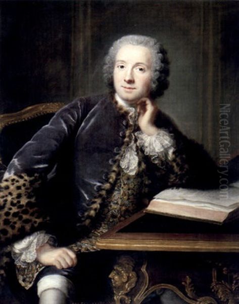 Portratt Av Okand Herre Sittande Vid Rokokoskrivbord, Kladd I Violett Sammet Med Palsbram Oil Painting by Jacques-Andre-Joseph Aved
