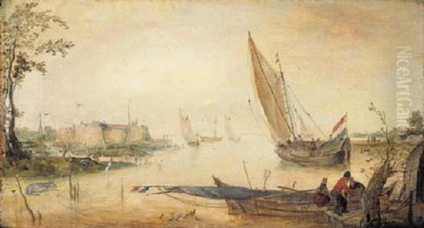 An Estuary With A Moored Fishing Smack Near A Jetty Oil Painting by Hendrick Avercamp