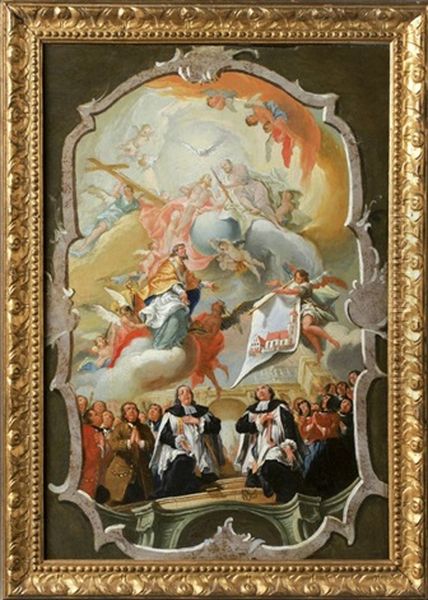 Bozetto Fur Deckenfresko Mit Darstellung Der Kirchengemeinde In Der
Unteren Halfte, Im Himmel Die Heilige Dreifaltigkeit Vor Dem Bauplan Der Kirche Oil Painting by Meinrad Von Aw