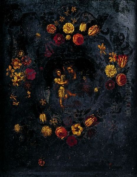 Saint Joseph Et L'enfant Jesus Dans Une Guirlande De Fleurs Oil Painting by Josefa de (Obidos) Ayala