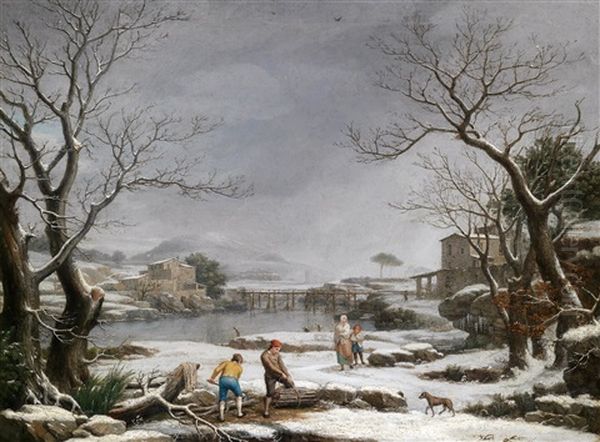 Eine Winterliche Flusslandschaft Mit Holzfallern Oil Painting by Giuseppe Baccigaluppo