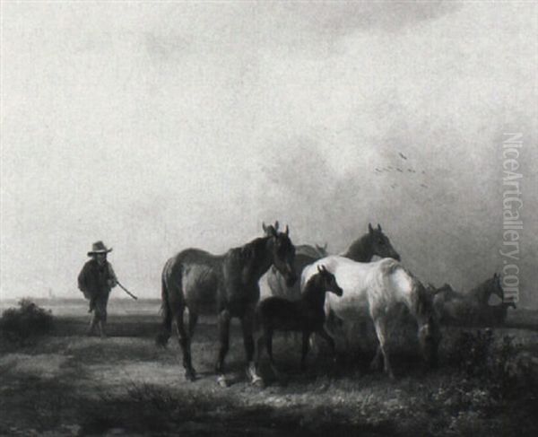 Huterbub Mit Pferden In Weiter Landschaft Oil Painting by Alois Bach