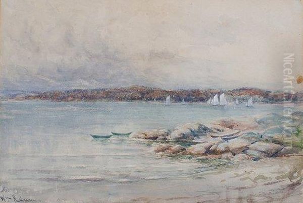 Lakeside Scene With Sailboats Oil Painting by William Adam