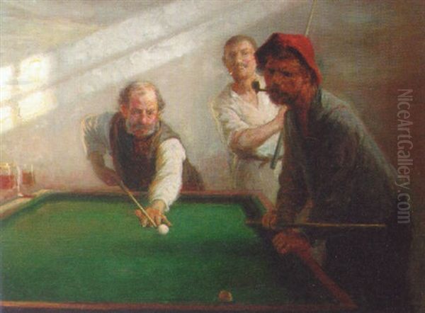 The Game Of Billiards Oil Painting by Otto Bache