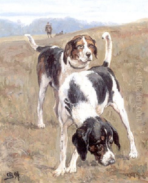 Landskab Med Jagthunde, I Baggrunden Jaeger Oil Painting by Otto Bache