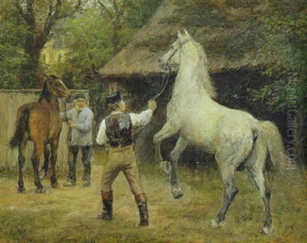 Maend Med To Heste Pa En Gardsplads Oil Painting by Otto Bache