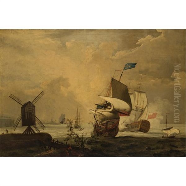 An English Man-of-war Firing A Salute Off The Coast Oil Painting by Ludolf Backhuysen the Elder