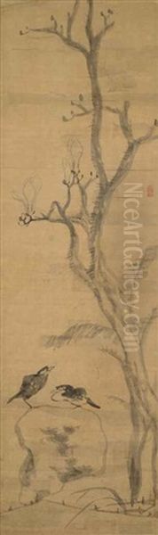 Two Birds On Rock Oil Painting by Bada Shanren