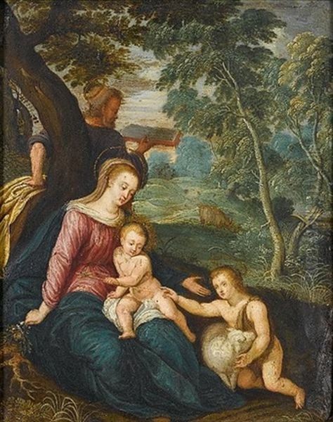 The Holy Family With Saint John The Baptist In A Landscape (+ The Virgin And Child Attended By Angels And The Holy Spirit, Various Sizes; Pair) by Cornelis de Baellieur the Elder