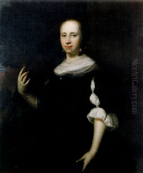 Portrait Of A Lady Wearing A Black Dress, A Landscape Beyond Oil Painting by Jan de Baen