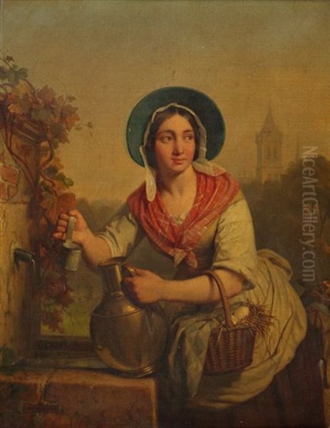 Jeune Femme A La Fontaine Oil Painting by Alexis Bafcop
