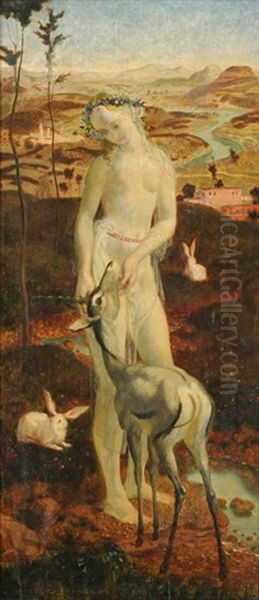 Jungfrau In Fantastischer Landschaft Mit Einhorniger Gazelle Oil Painting by Theodor Baierl