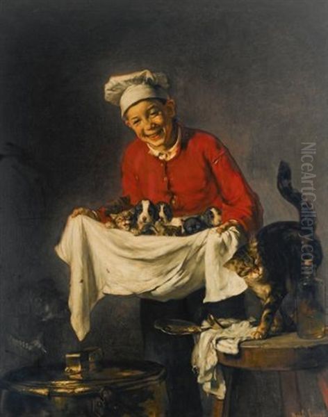 Jeune Commis Avec Chiots Et Chatons Oil Painting by Joseph Bail
