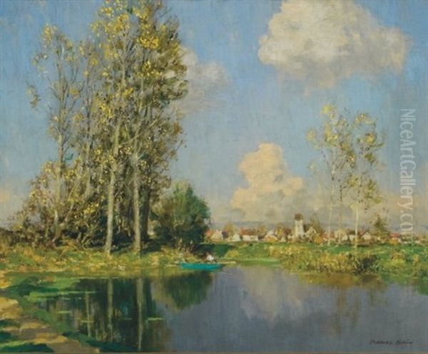 On A Boat At The Bend In A River Near A French Town Oil Painting by Marcel Adolphe Bain