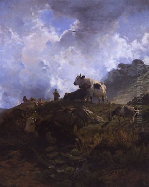 Kuhhirtin Auf Der Alm Oil Painting by Hermann Baisch