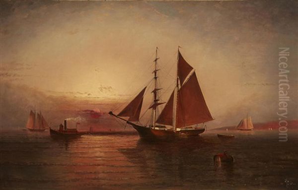 Harbor Scene At Twilight Oil Painting by Elisha Taylor Baker