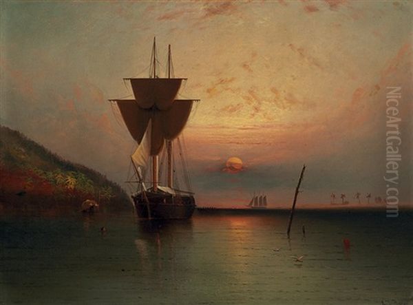 Ship In A Tropical Sunset Oil Painting by Elisha Taylor Baker
