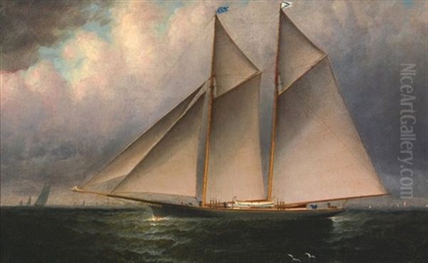 A Schooner Yacht Oil Painting by Elisha Taylor Baker