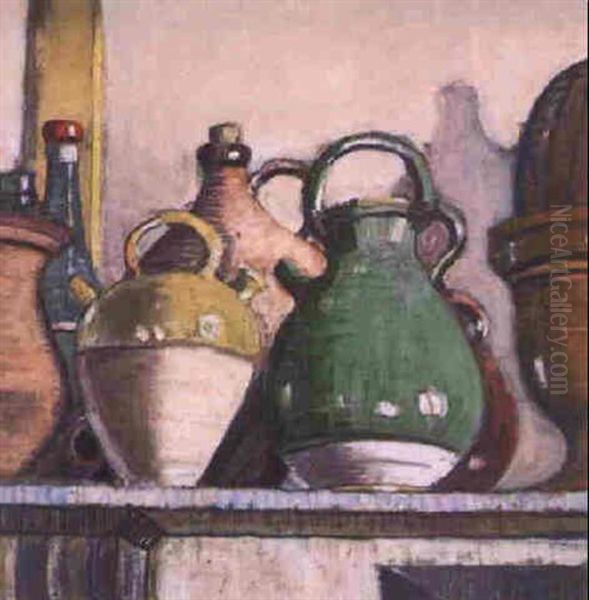 Earthenware Vessels On A Shelf Oil Painting by Arthur Baker-Clack