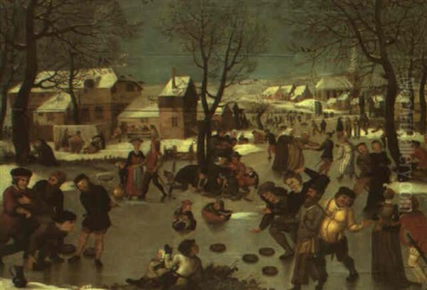 Paysage A La Riviere Gelee Pres D'un Village Oil Painting by Pieter Balten