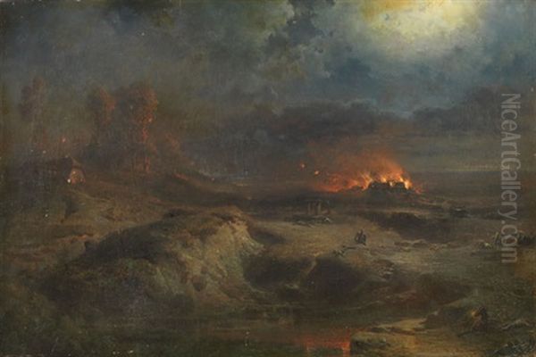 Nachtliche Szene Mit Brennendem Gehoft Oil Painting by Fritz Bamberger