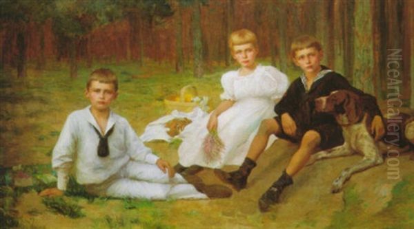 Die Kinder Der Familie Bienert Beim Picknick Im Wald Oil Painting by Carl Ludwig Noah Bantzer