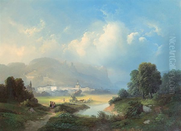Heuernte Am Stadtrand Von Hallein Oil Painting by Franz Barbarini