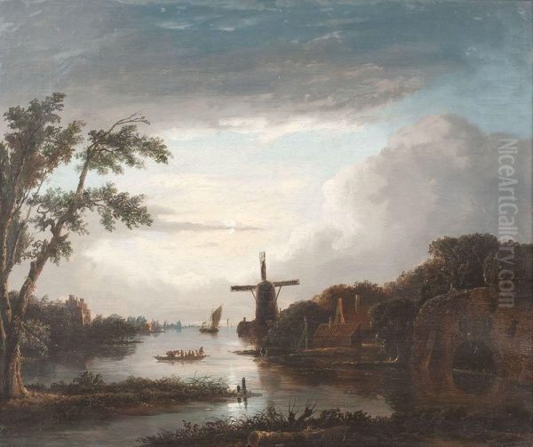 Abendlandschaft Mit Hollandischem Dorf Und Windmuhle Oil Painting by Maigret Jacobus Adianus