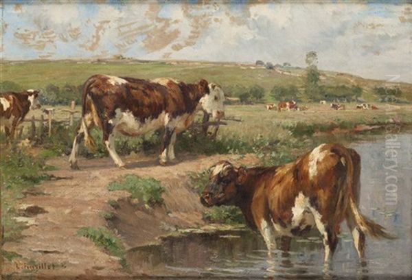 Vaches A L'abreuvoir Oil Painting by Leon Barillot