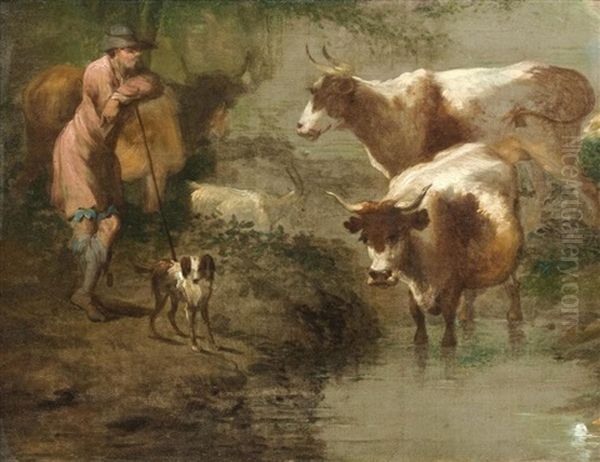 Drover With Cattle Watering On The Banks Of A Woodland Stream Oil Painting by Benjamin (of Bath) Barker