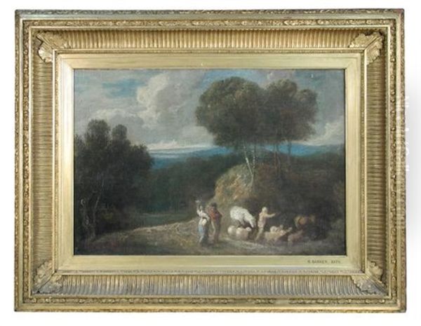 A Shepherdess With Cattle And Sheep On A Path Oil Painting by Benjamin Barker