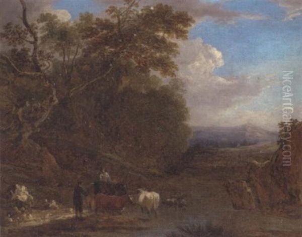 A Drover With Cattle Watering Oil Painting by Benjamin Barker
