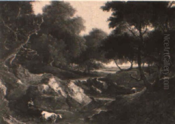 Angler, Cattle And Drover In A Wooded River Landscape Oil Painting by Benjamin (of Bath) Barker
