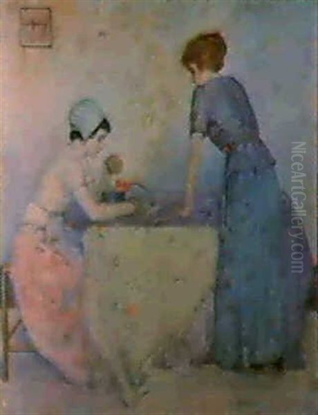 Two Women At Table Oil Painting by Myron Barlow